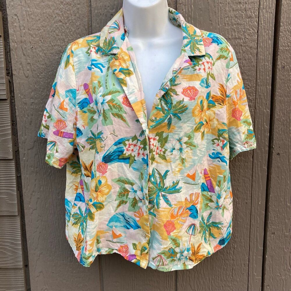 c and c California tropical button down cropped shirt vacation women’s size XL